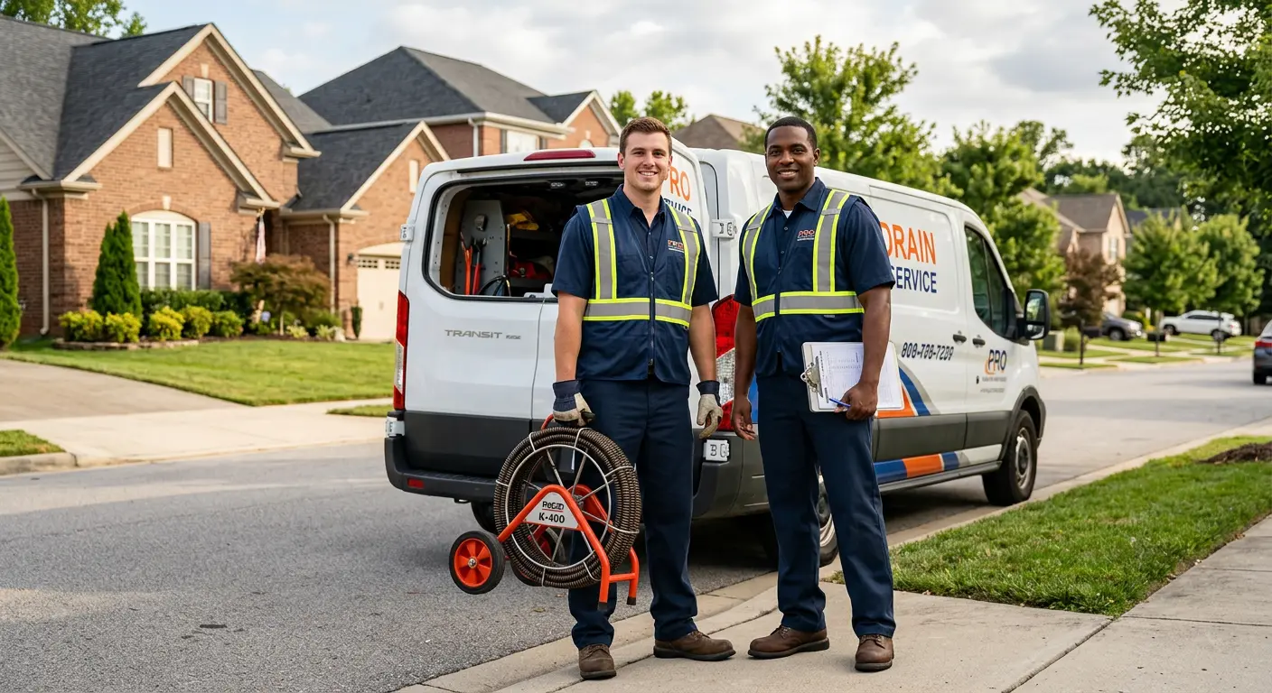 Sewer and drain service team with equipment ready for work in Chesterton