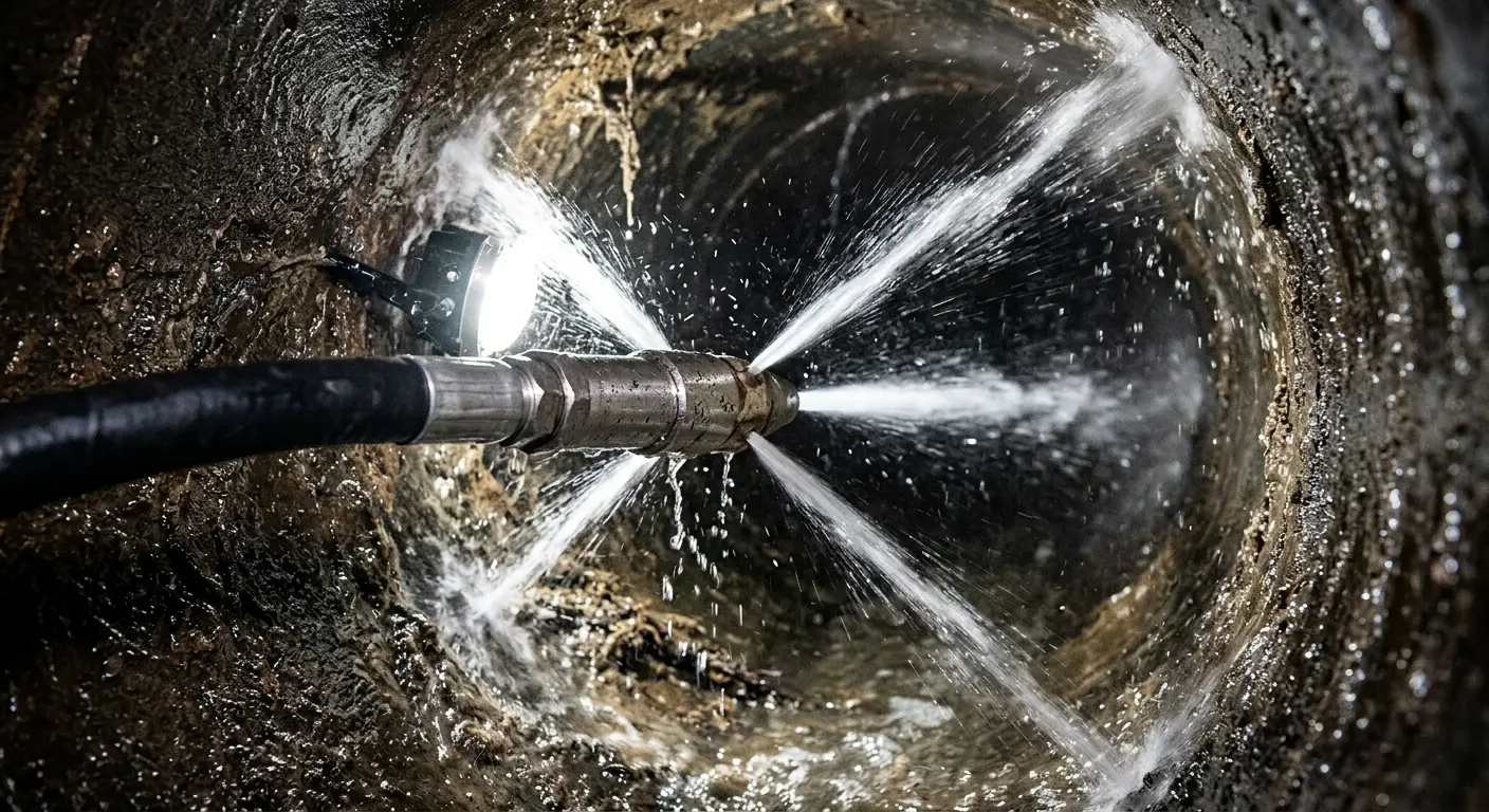 High-pressure hydro jetting nozzle cleaning sewer pipe for Storm Drain Cleaning in Chesterton