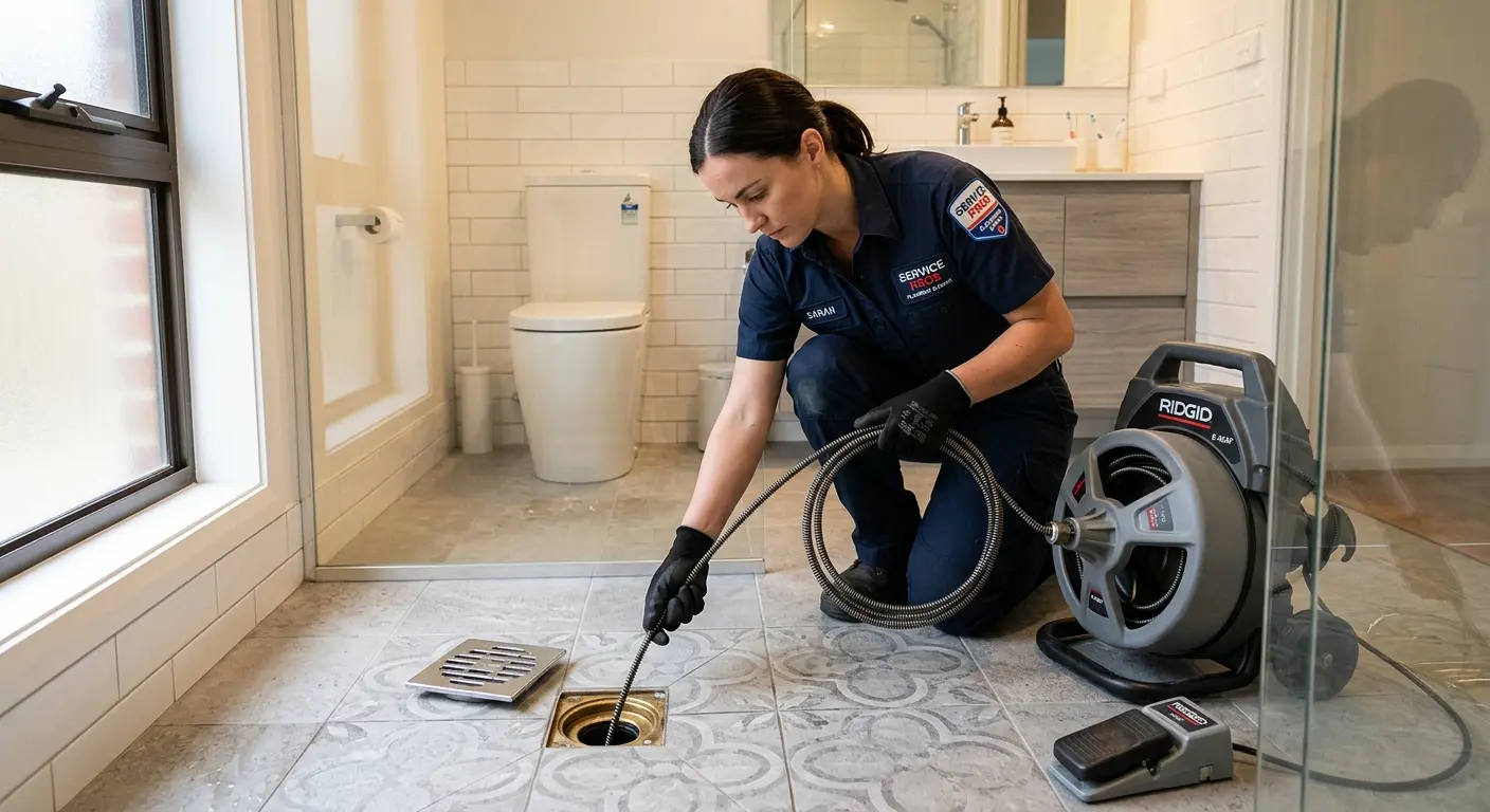 Technician clearing a bathroom floor drain for Drain Repair in Chesterton